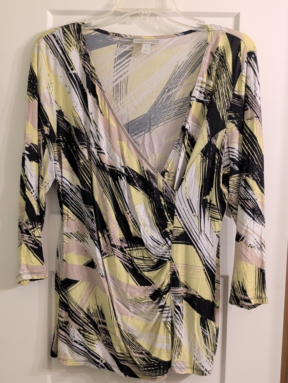 Dana Buchman Yellow, Black & Blush Abstract Wrap-Style Long Sleeve Dress